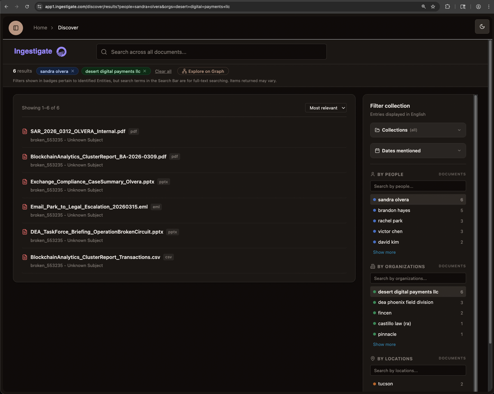 Discover mode with active entity, organization, and location filters showing 728 results