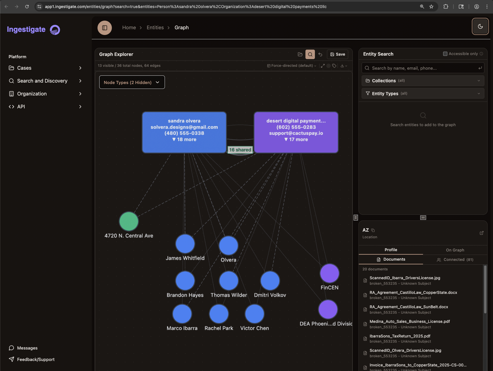 Graph explorer showing entity relationships with auto-clustering across 119 nodes