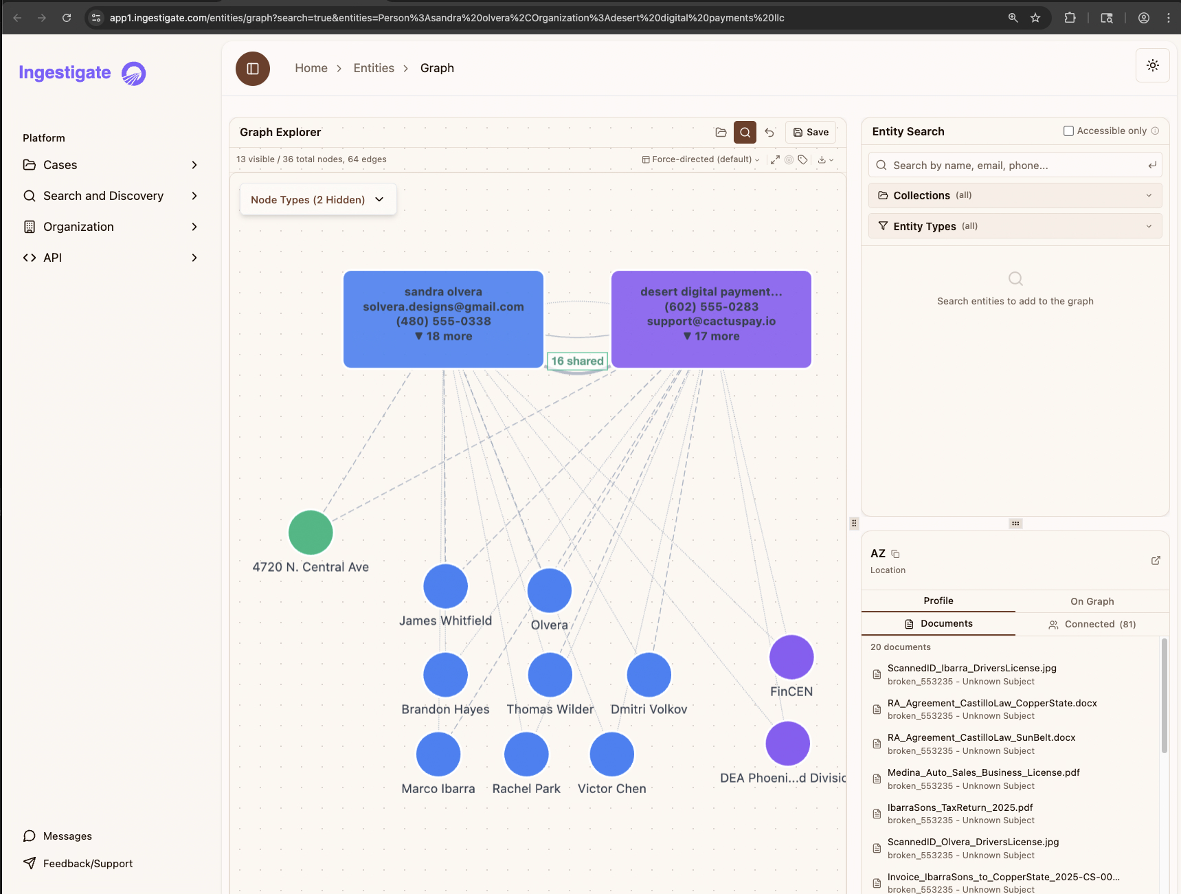 Graph explorer showing entity relationships with auto-clustering across 119 nodes